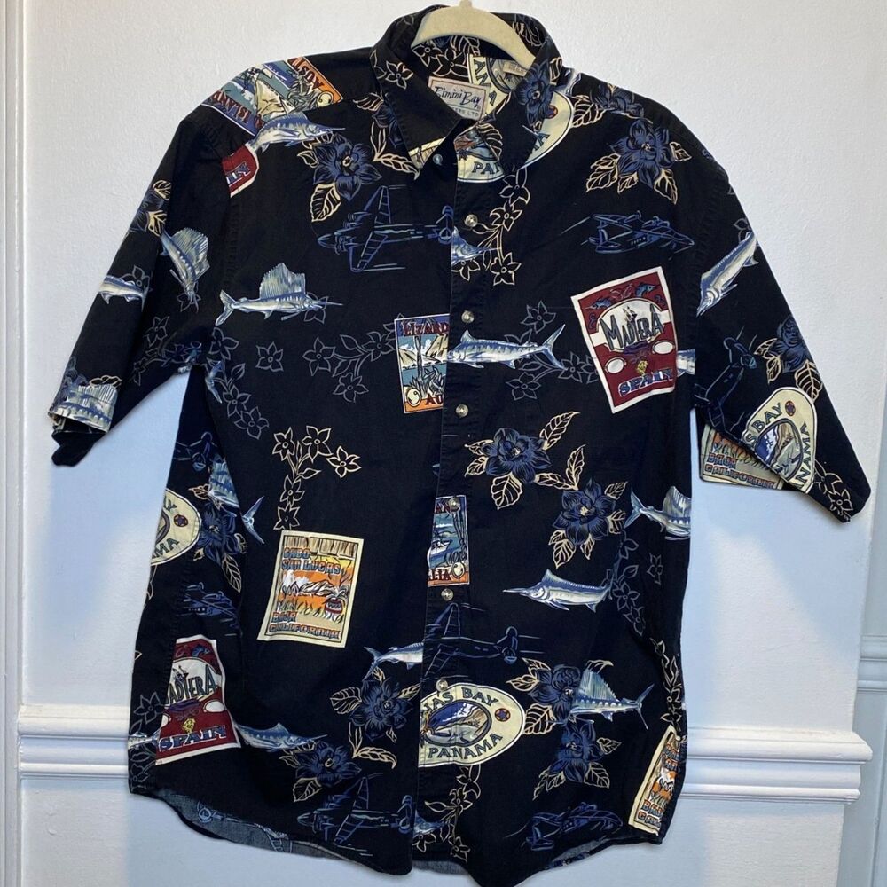 Retro Coastal Bimini Bay Hawaiian Shirt Black Marlin Travel Print 100% Cotton L